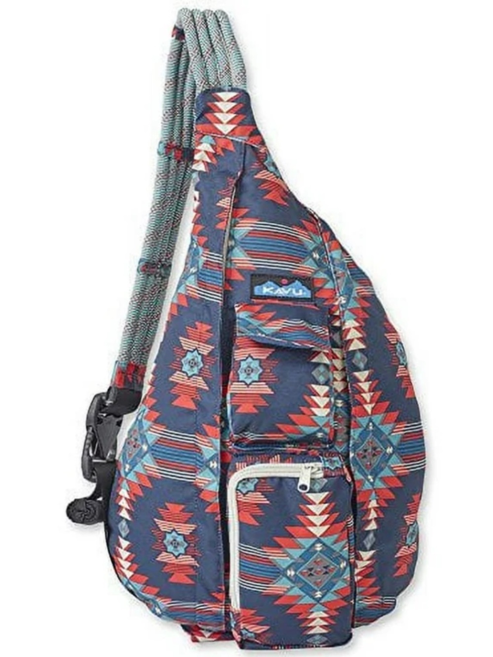 Kavu Navy Aztec Print Sling Backpack with Red and Teal Accents NWOT